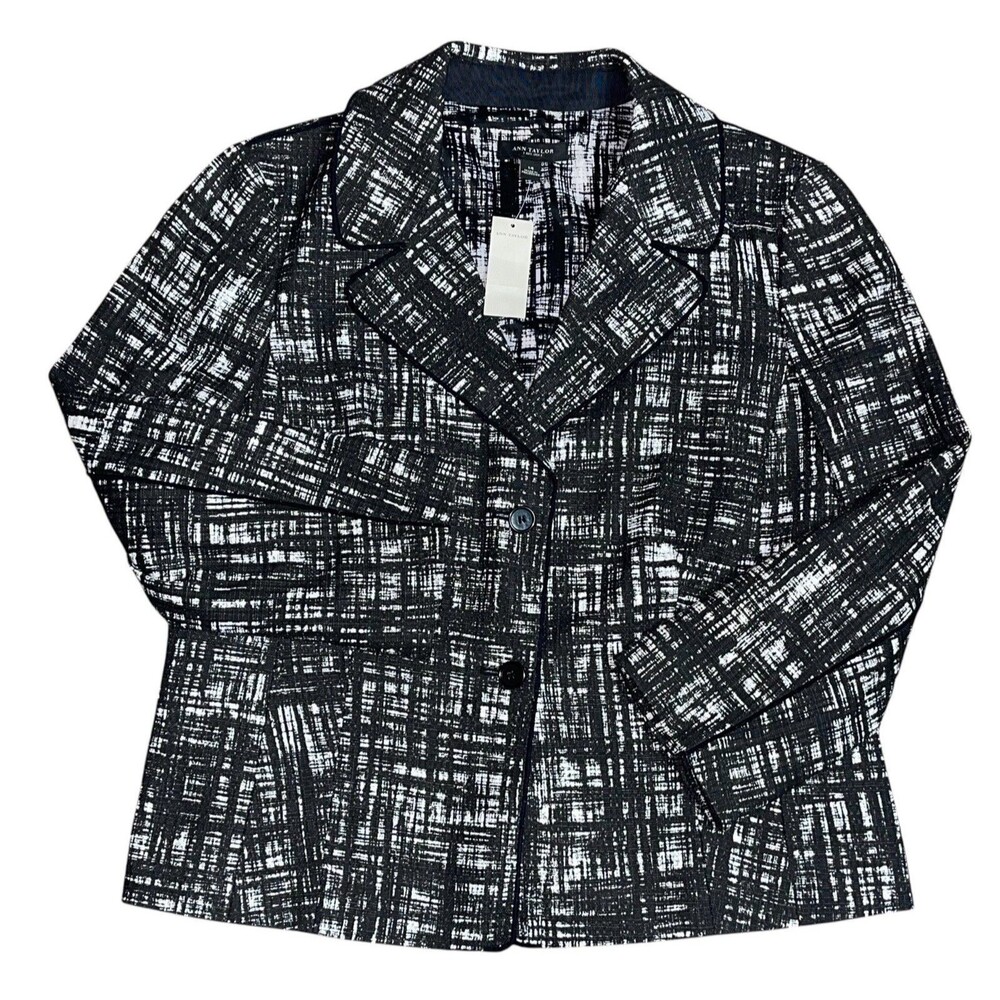 Ann Taylor Button Jacket Size 14 Blazer Black White Printed Cotton Womens Blazer